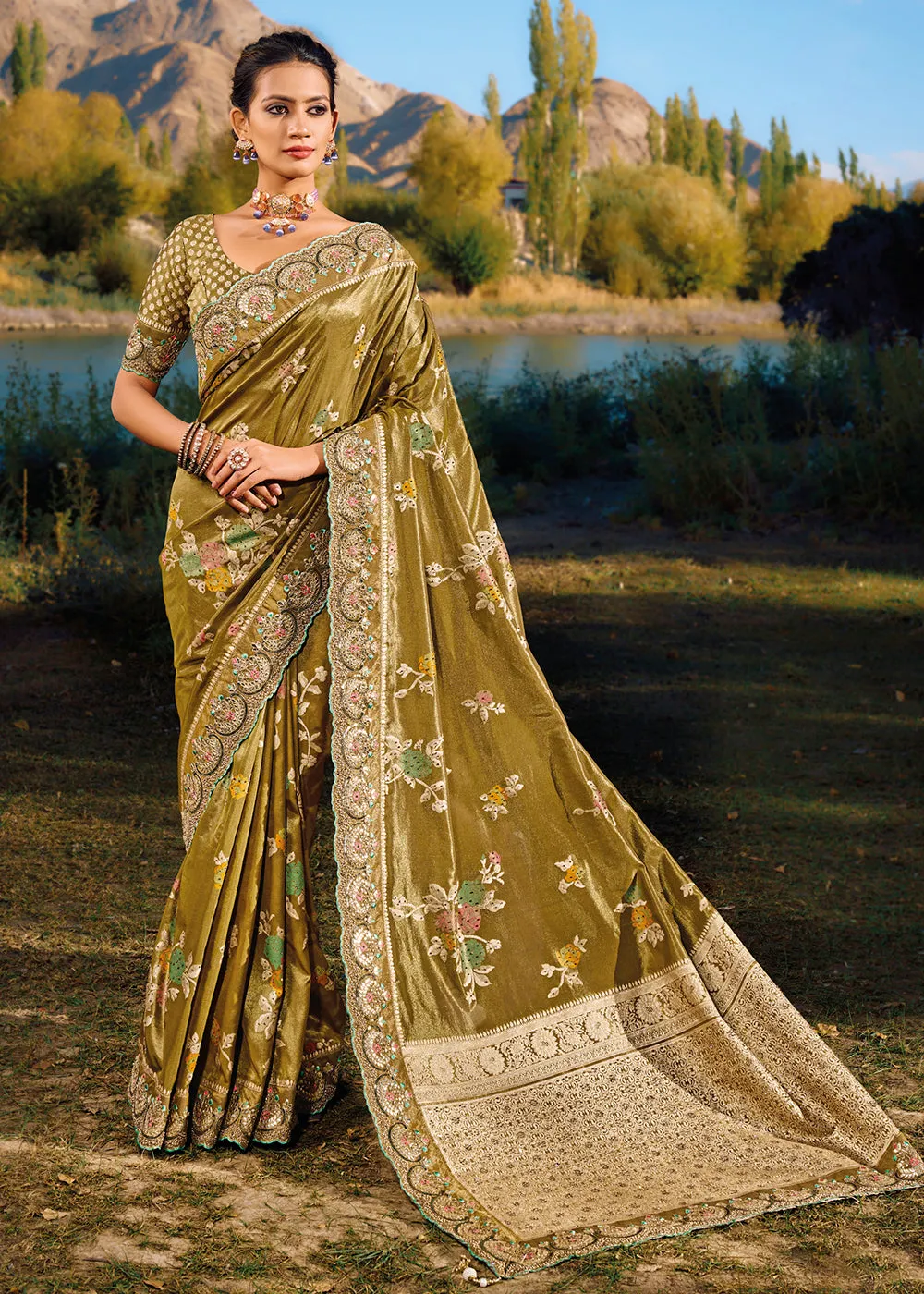 Mehndi Green Banarasi Pure Zari Fabric Designer Saree