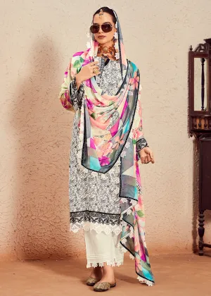 Muslin Cotton Digital Print & Embroidered Off White Salwar Suit