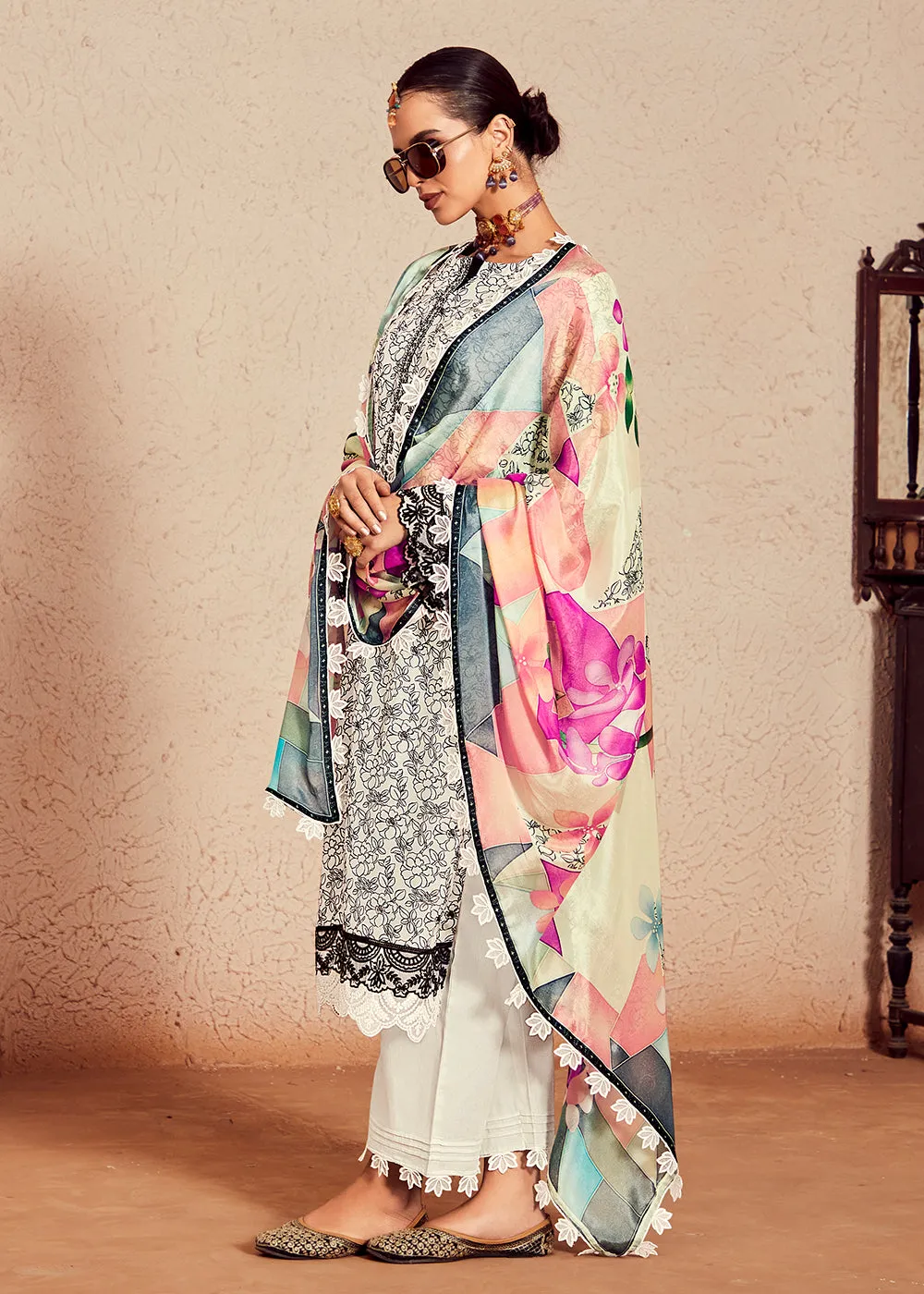 Muslin Cotton Digital Print & Embroidered Off White Salwar Suit