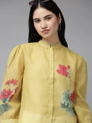 Mustard Yellow & Red Floral Print Shirt Style Top