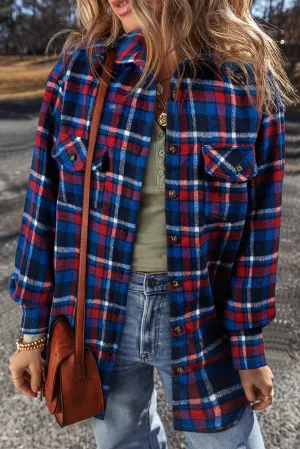 Navy Blue Plaid Flap Pocket Button Up Shacket