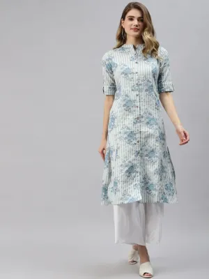 Off White And Blue Floral Printed Cotton A-Line Kurta