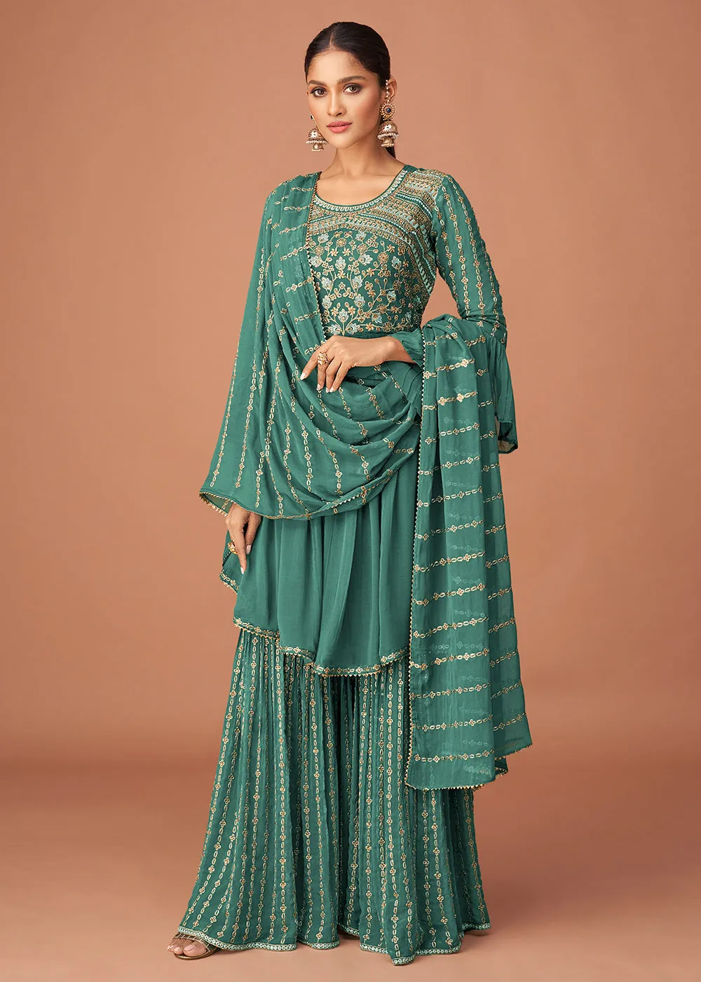 Pakistani Style Designer Teal Blue Peplum Sharara Suit