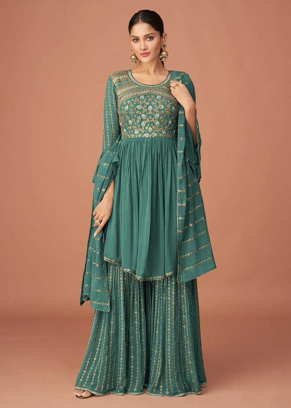 Pakistani Style Designer Teal Blue Peplum Sharara Suit