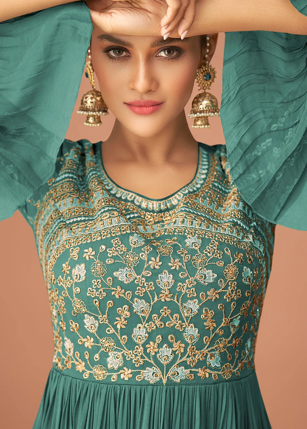 Pakistani Style Designer Teal Blue Peplum Sharara Suit