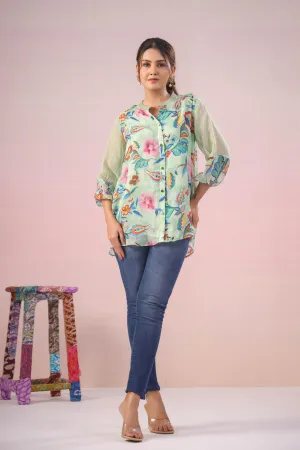 Paled Turquoise Floral Printed Organza Silk Short Top