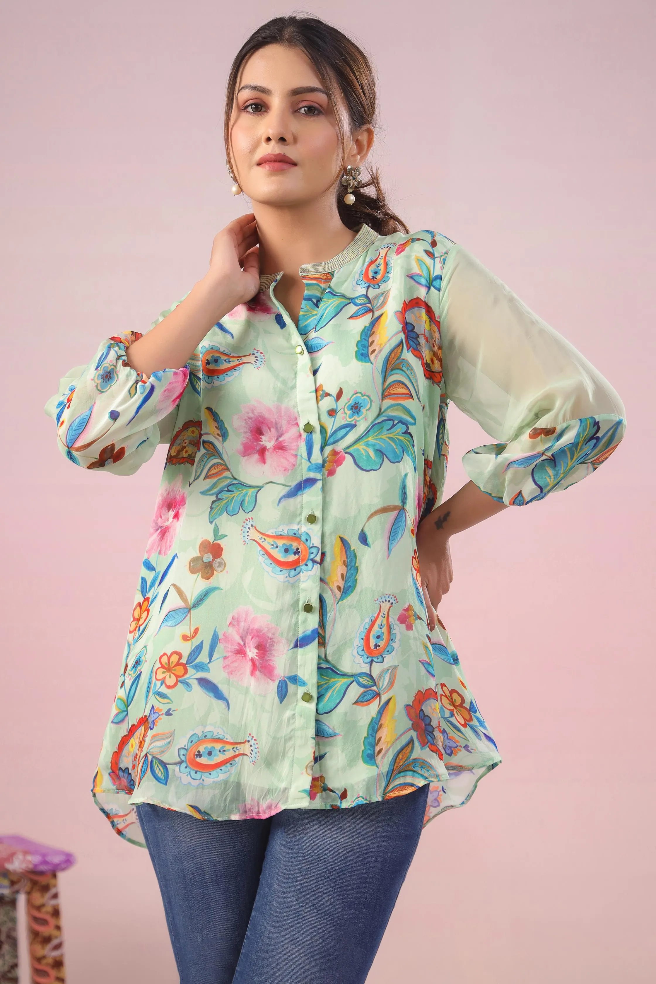 Paled Turquoise Floral Printed Organza Silk Short Top