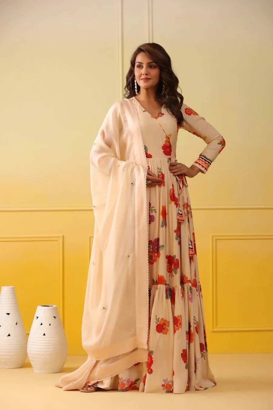 Peach Floral Mosche Silk Anarkali with Dupatta