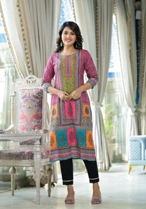 Pink Floral Printed Liva Rayon Kurta With Beads & Sequins Work