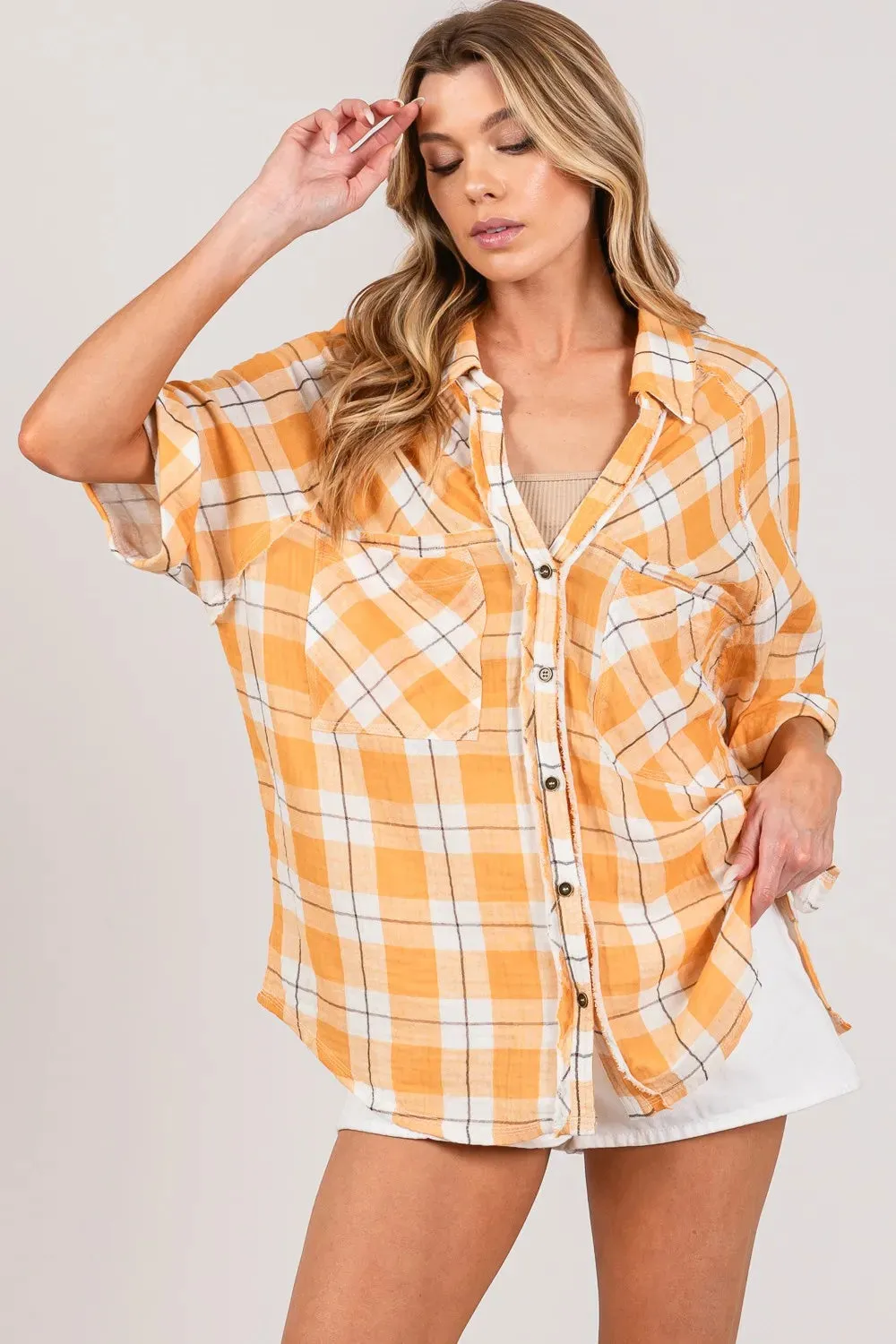 Plaid Button Up Side Slit Shirt