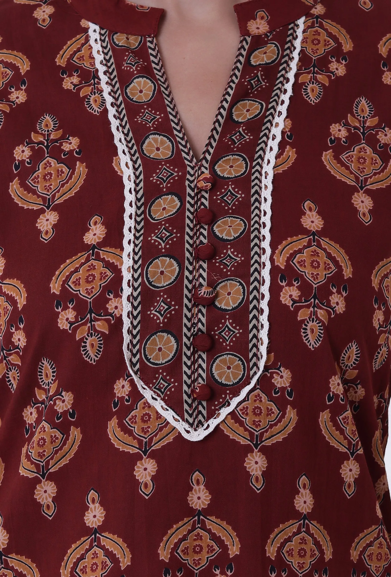 Red & Multicolor Cotton Block Printed Kurta