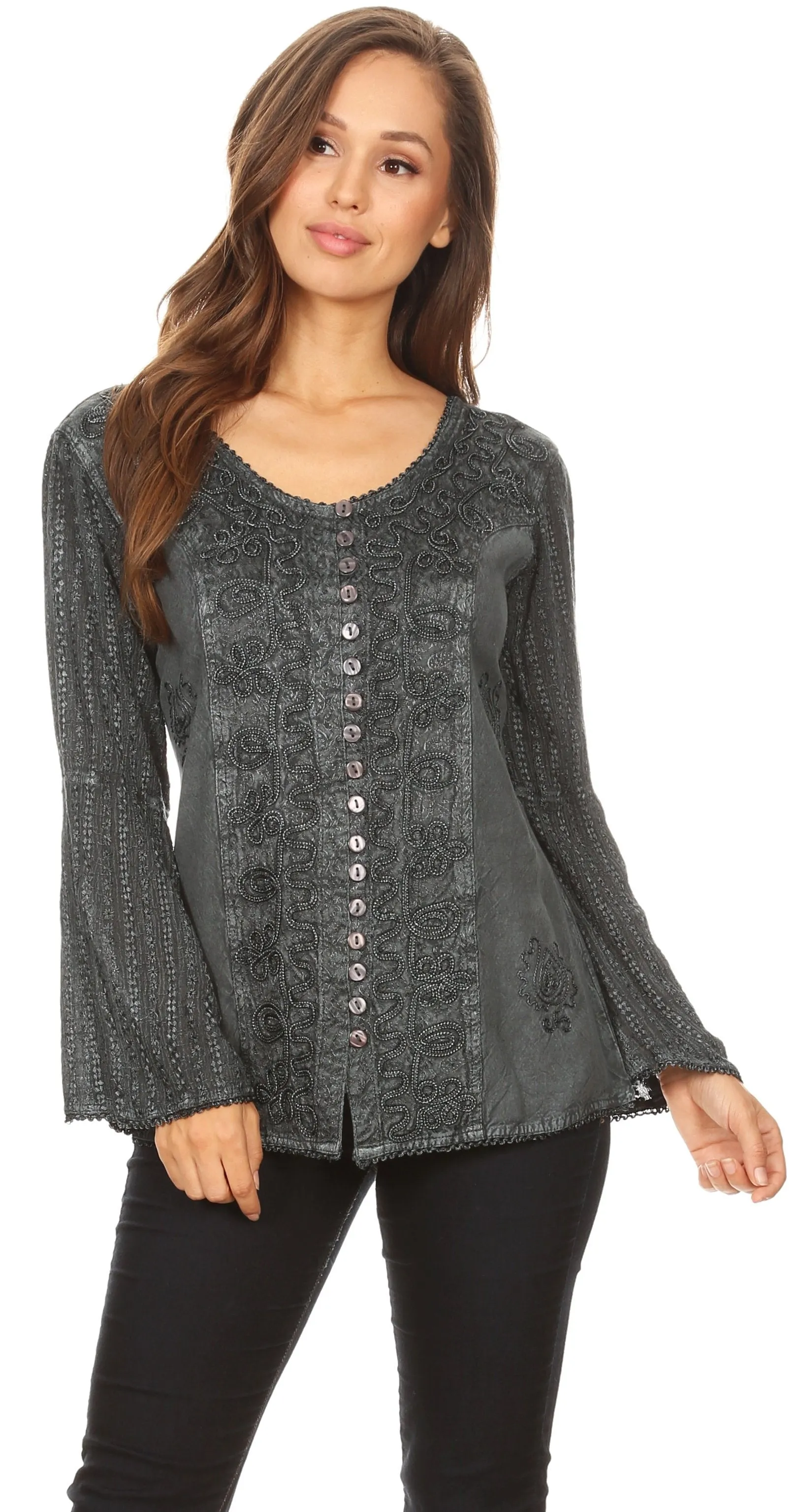 Sakkas Salma Womens Button Down Long Sleeve Blouse Top Shirt Stonewashed and Lace