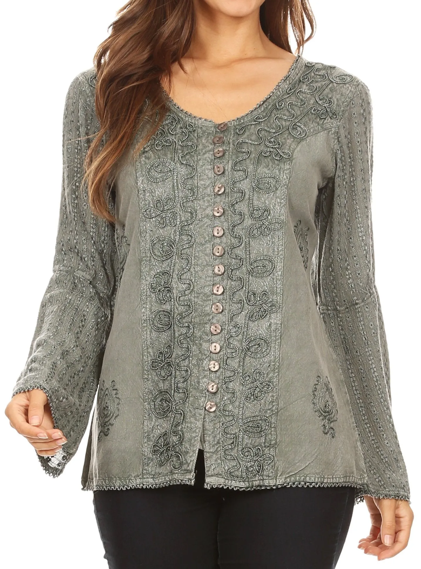 Sakkas Salma Womens Button Down Long Sleeve Blouse Top Shirt Stonewashed and Lace