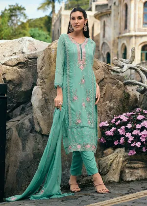 Sea Green Organza Fancy Khatli Embroidered Pant Style Salwar Suit