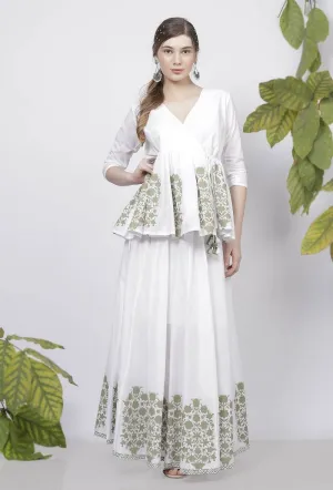 Set of 2: Sage Green Floral Hand-Block Printed V Neck Cotton Angrakha Top  with Floral Handblock Printed Cotton Long Skirt