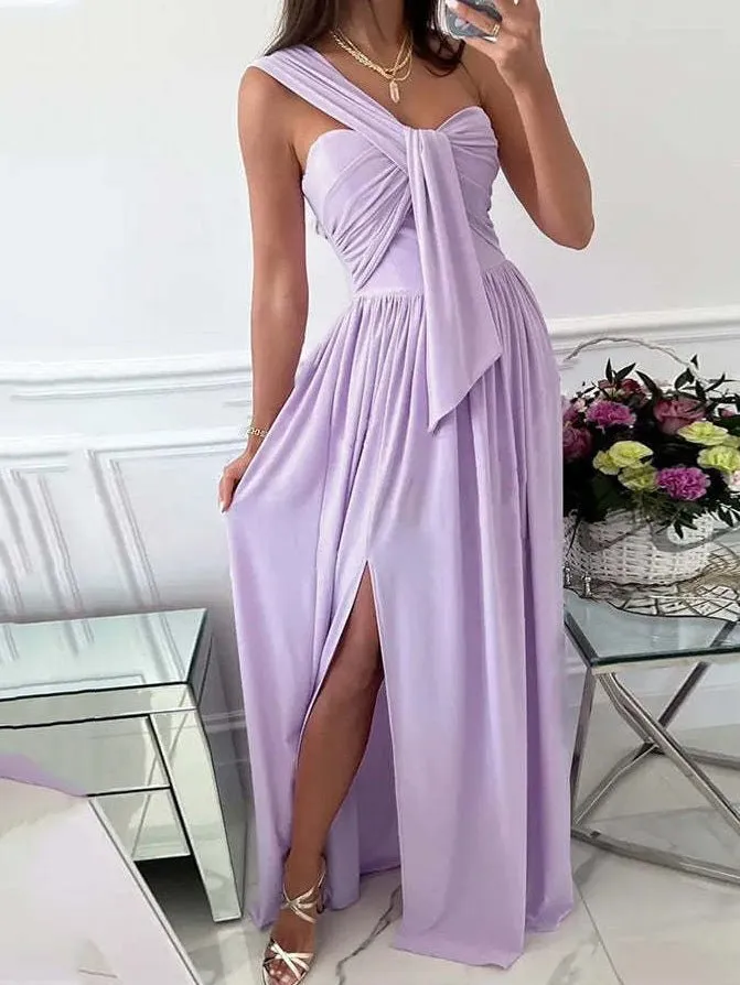 Simple Sleeveless Off Shoulder Slit Dress