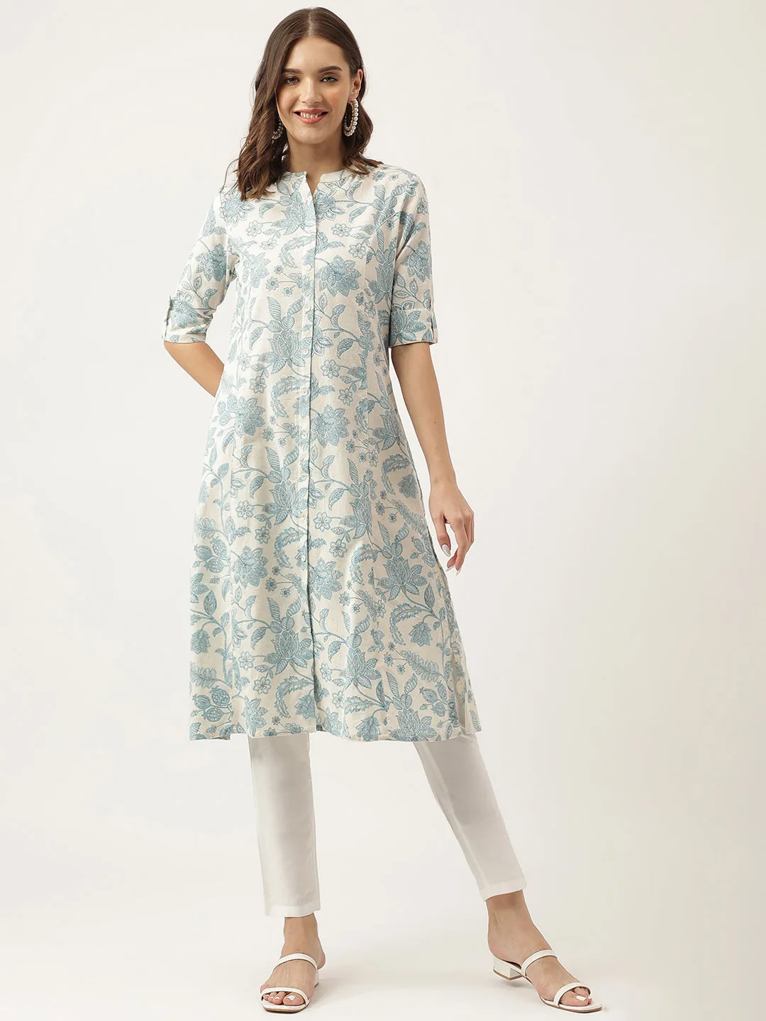 Sky Blue Floral Printed Cotton A-Line Kurta