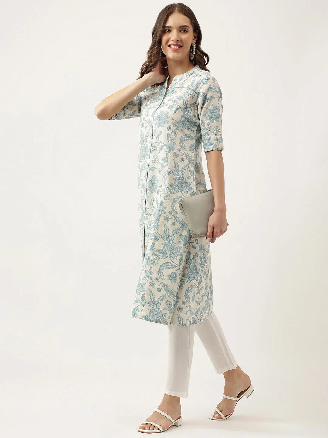 Sky Blue Floral Printed Cotton A-Line Kurta