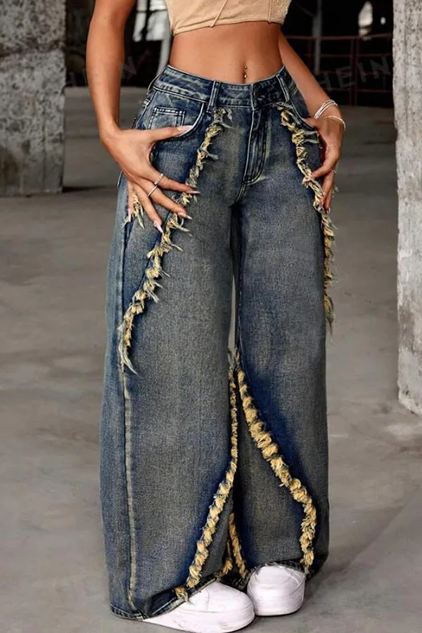 Stylish High Waist Raw Trim Jeans