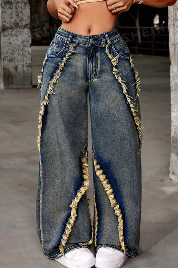 Stylish High Waist Raw Trim Jeans