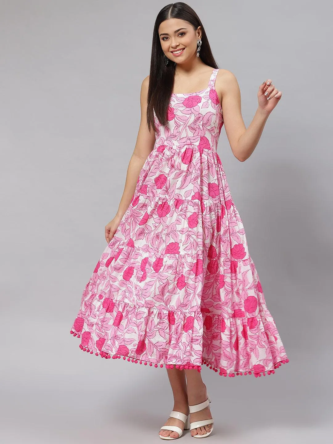 White & Pink Floral Shoulder Strip Long Dress