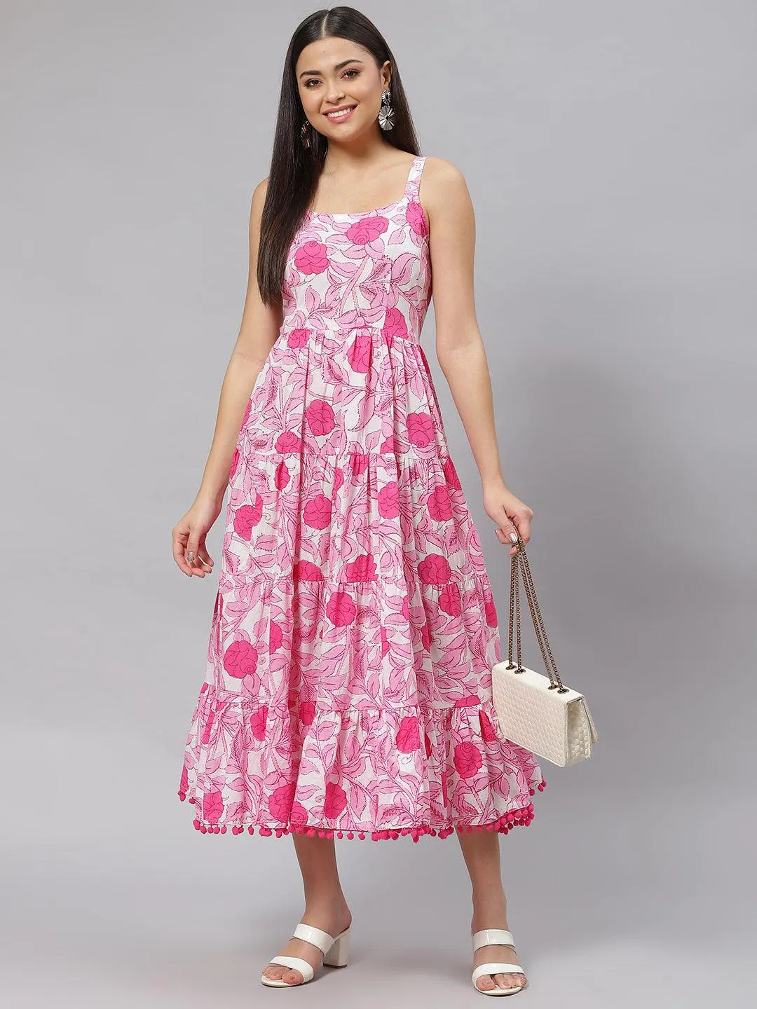 White & Pink Floral Shoulder Strip Long Dress