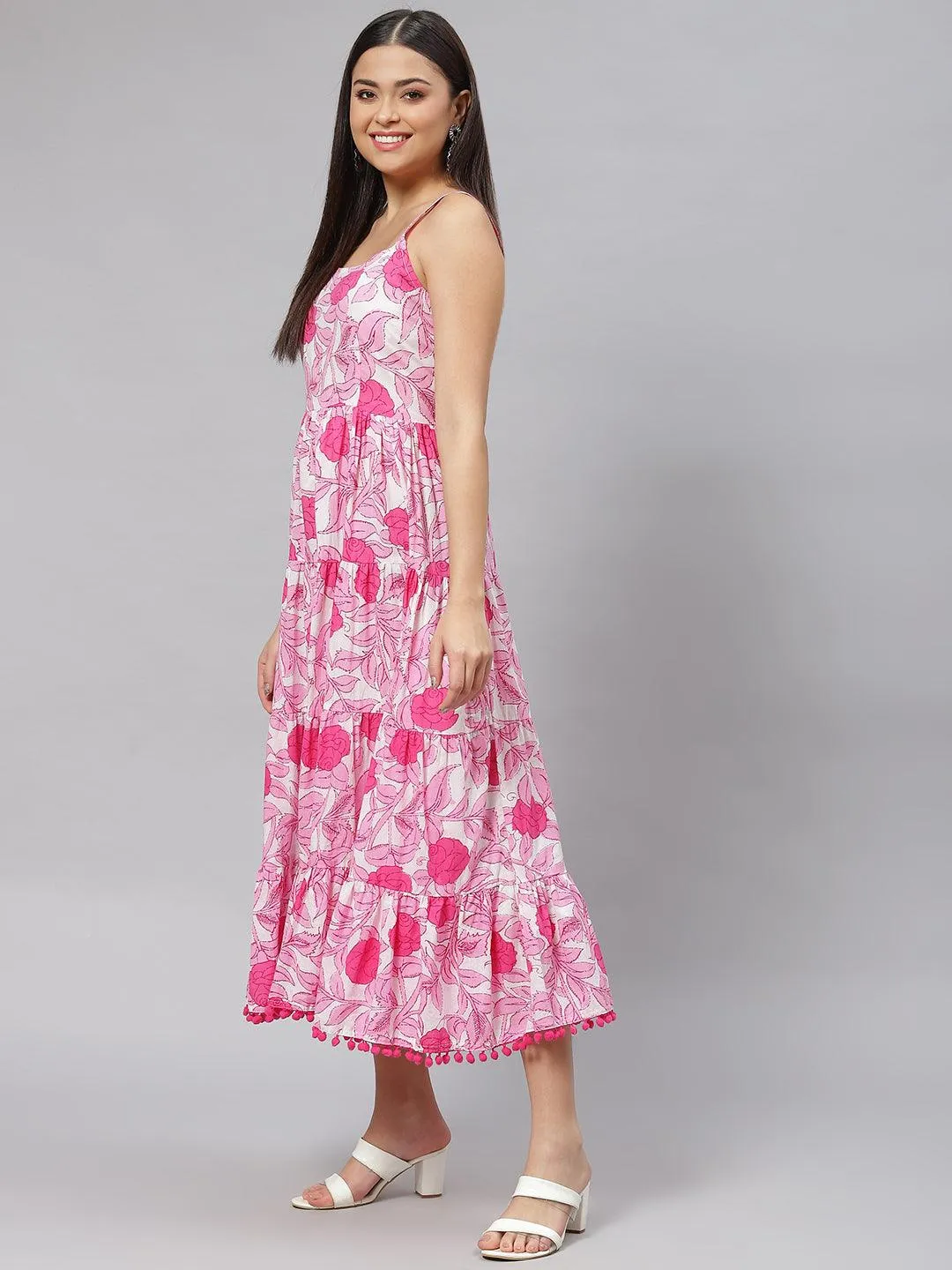 White & Pink Floral Shoulder Strip Long Dress