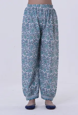 White Cotton Pant With Blue Motif