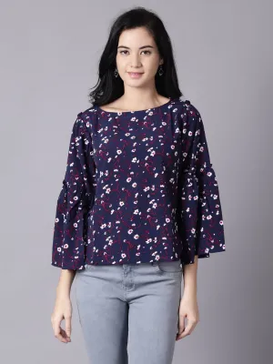 Women Navy Blue Casual Printed Boat Neck Top