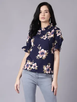 Women Navy Blue Casual Printed High Neck Top