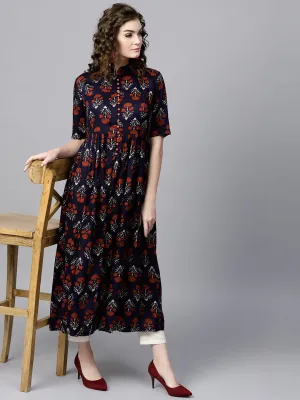 Women Navy Floral Front Open Shirt Kurta