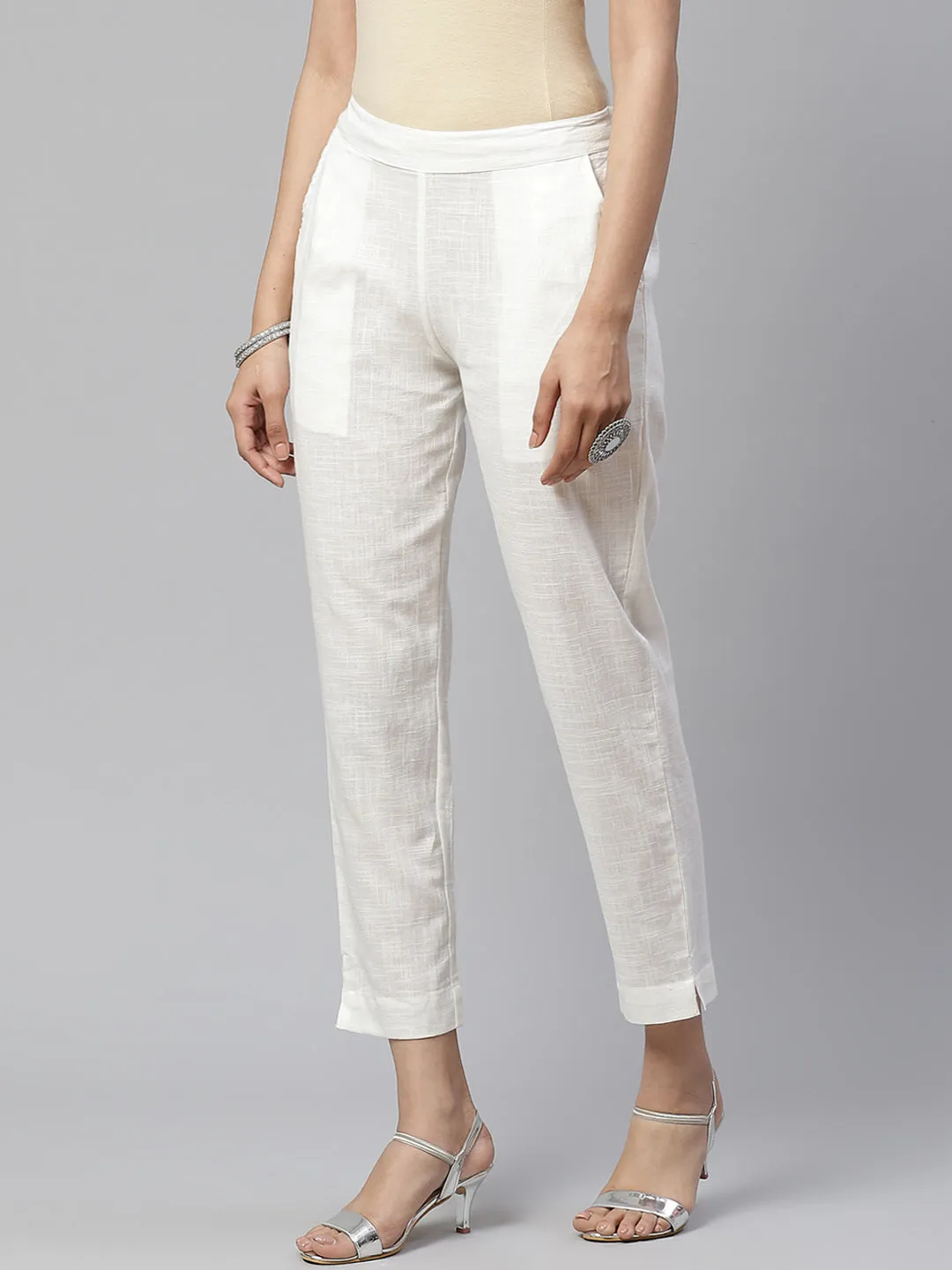 Women Off-White Comfort Regular Fit Solid Cotton Cigarette Trousers