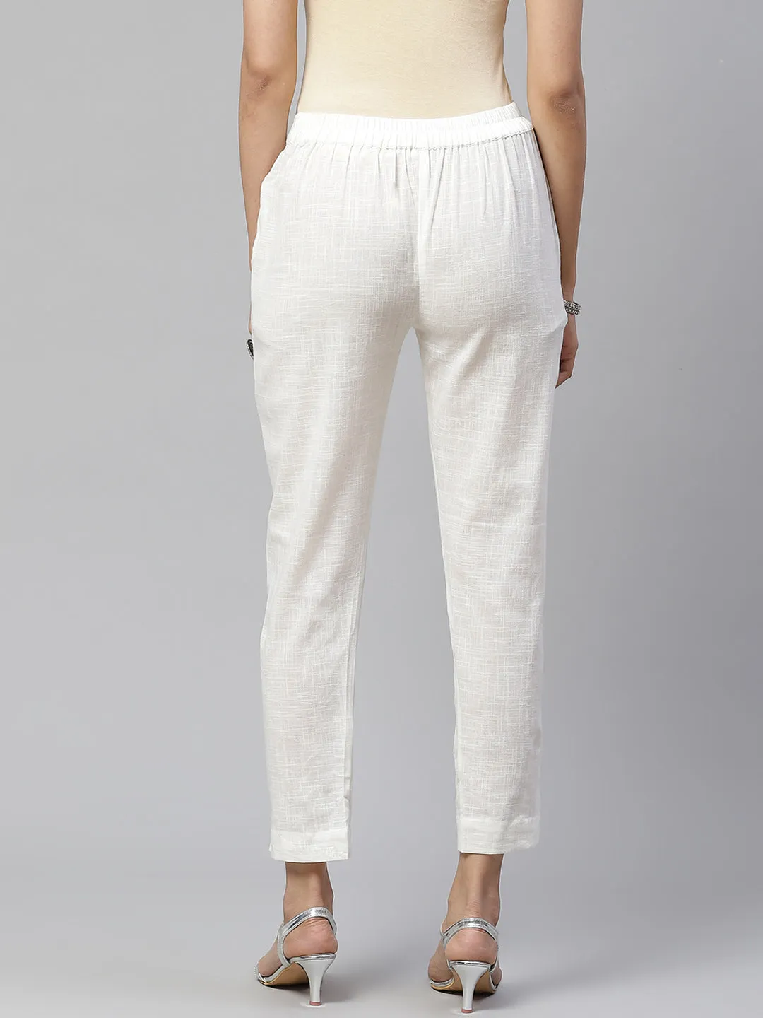 Women Off-White Comfort Regular Fit Solid Cotton Cigarette Trousers