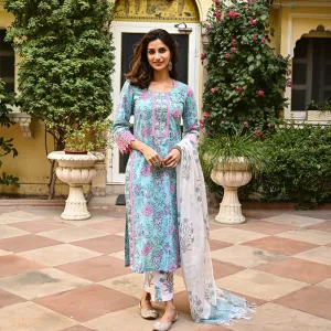 Women's Sky Blue Cotton Floral Printed Kurta Pant Set With Dupatta