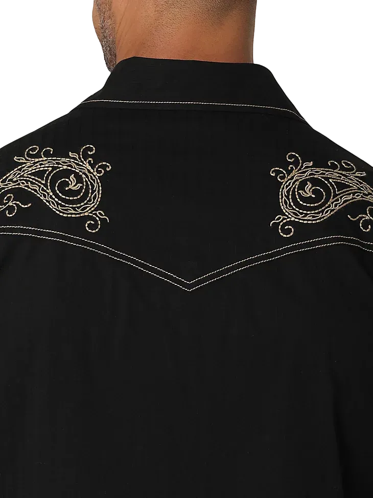 Wrangler Men's Rock 47 Long Sleeve Embroidered Solid Black Ember Shirt