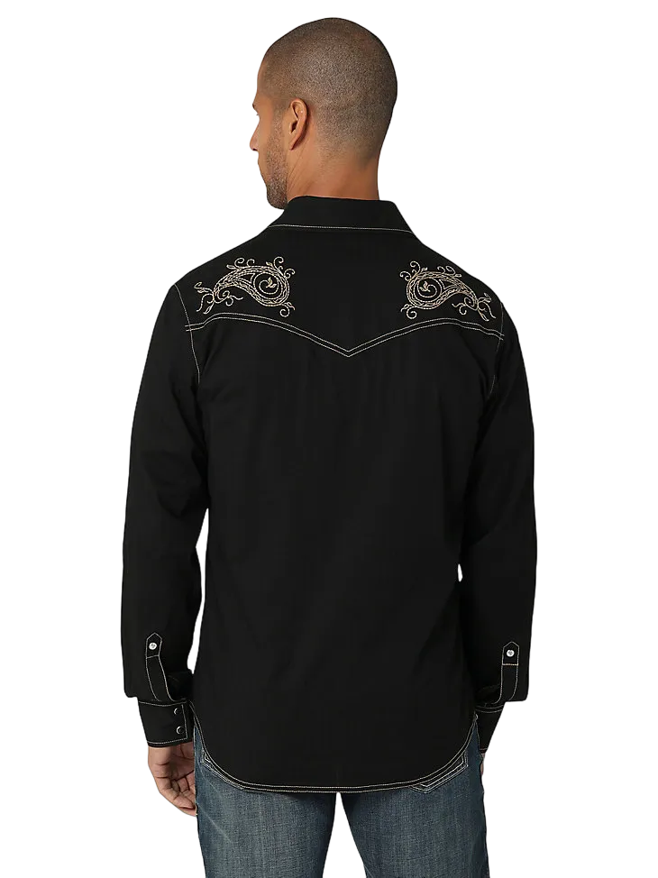 Wrangler Men's Rock 47 Long Sleeve Embroidered Solid Black Ember Shirt